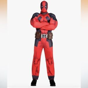 NWT Deadpool muscle adult costume includes a jumpsuit mask belt and gloves